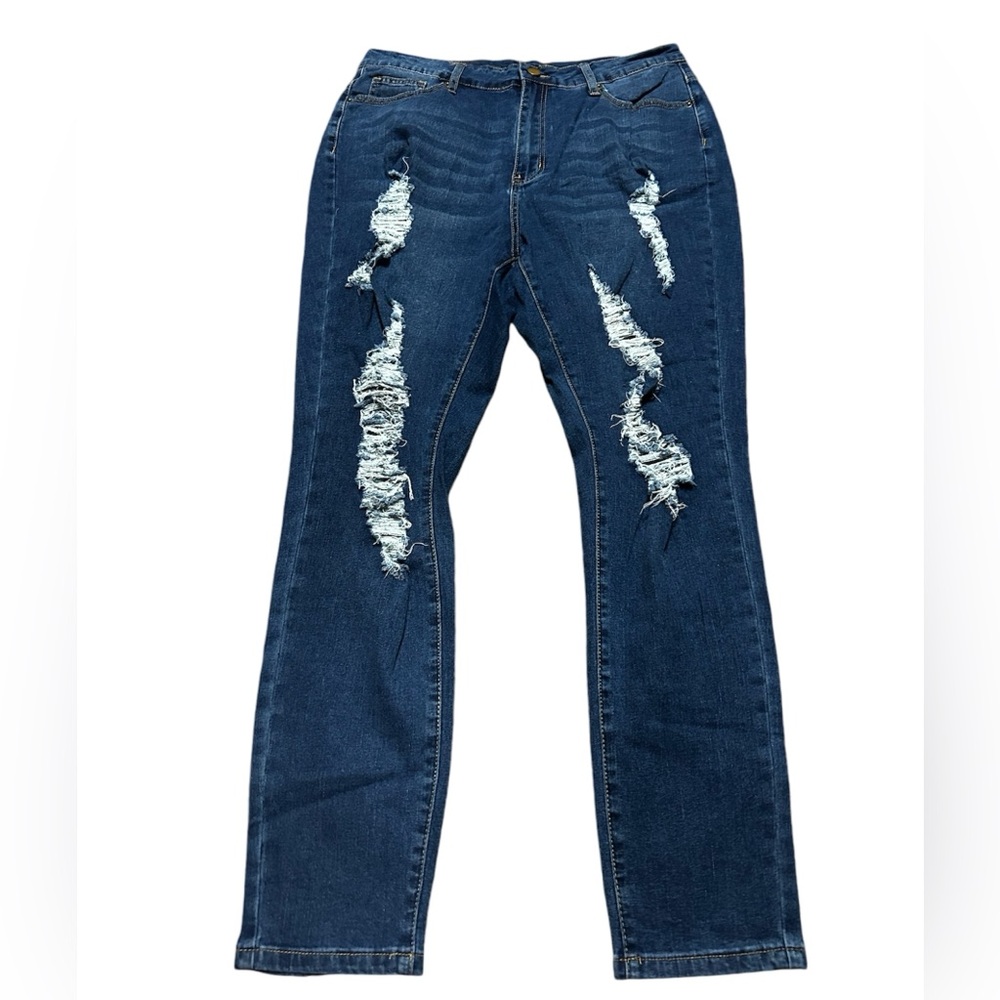 Distressed high-waisted blue jeans